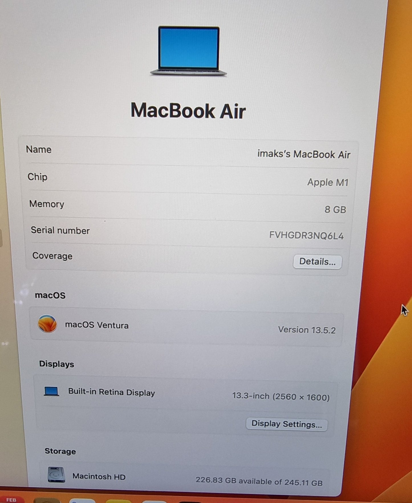 Apple MacBook Air 13 INCH RETINA (2020) M1 8-Core CPU 7-Core GPU 8GB 256GB SPACE GREY