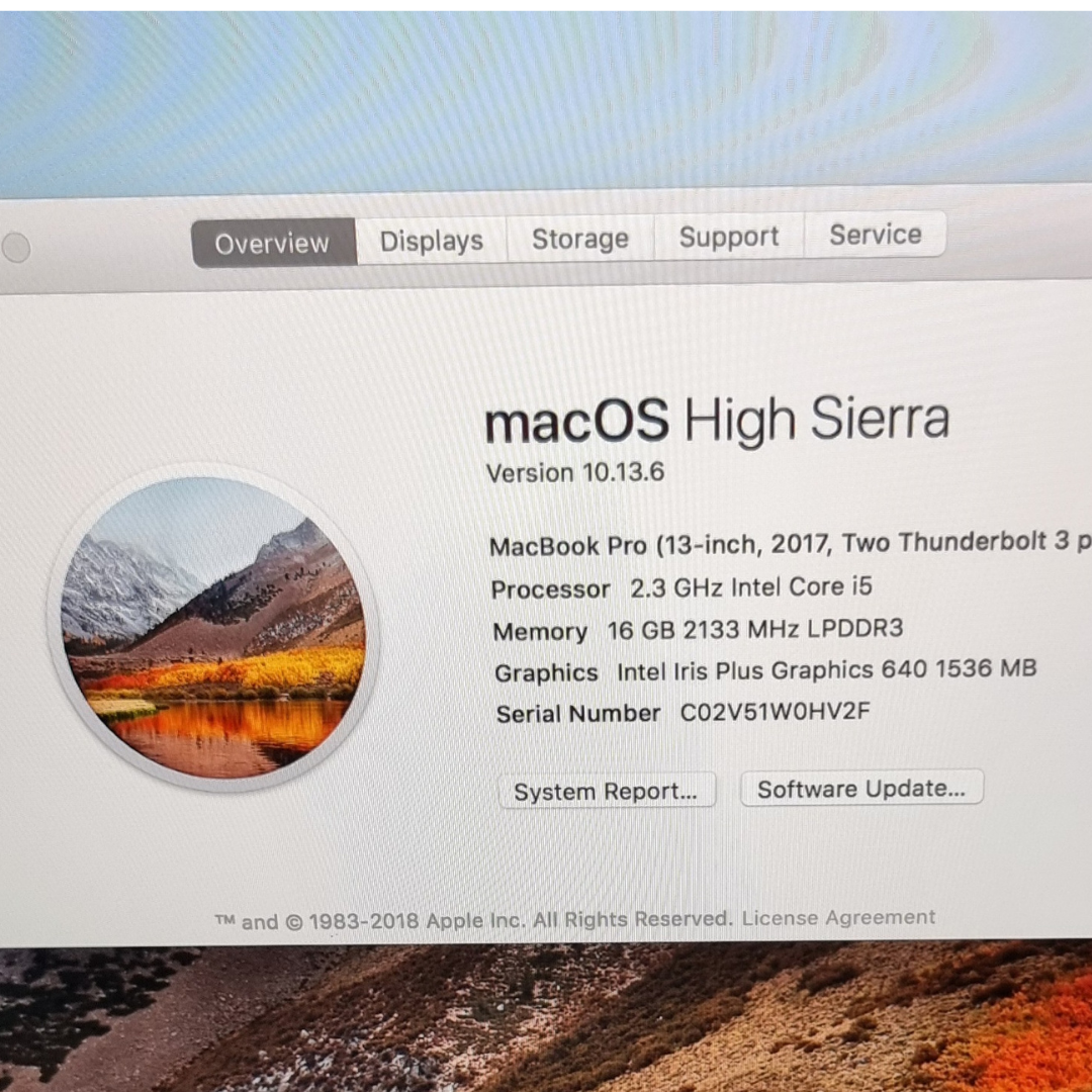 APPLE MACBOOK PRO 13 RETINA INTEL CORE i5 2.3GHZ 16GB RAM 128GB SSD WIFI WEBCAM 2017/18