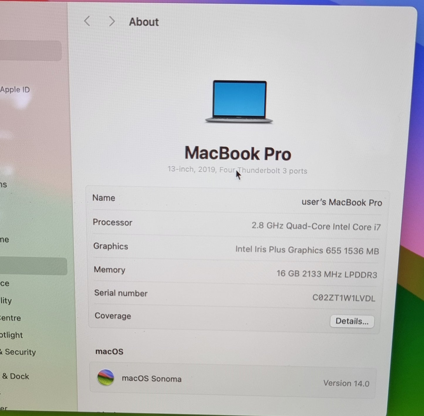 APPLE MACBOOK PRO 13 RETINA TOUCHBAR ID 2.8GHZ i7 16GB RAM 500GB SSD 2019/2020