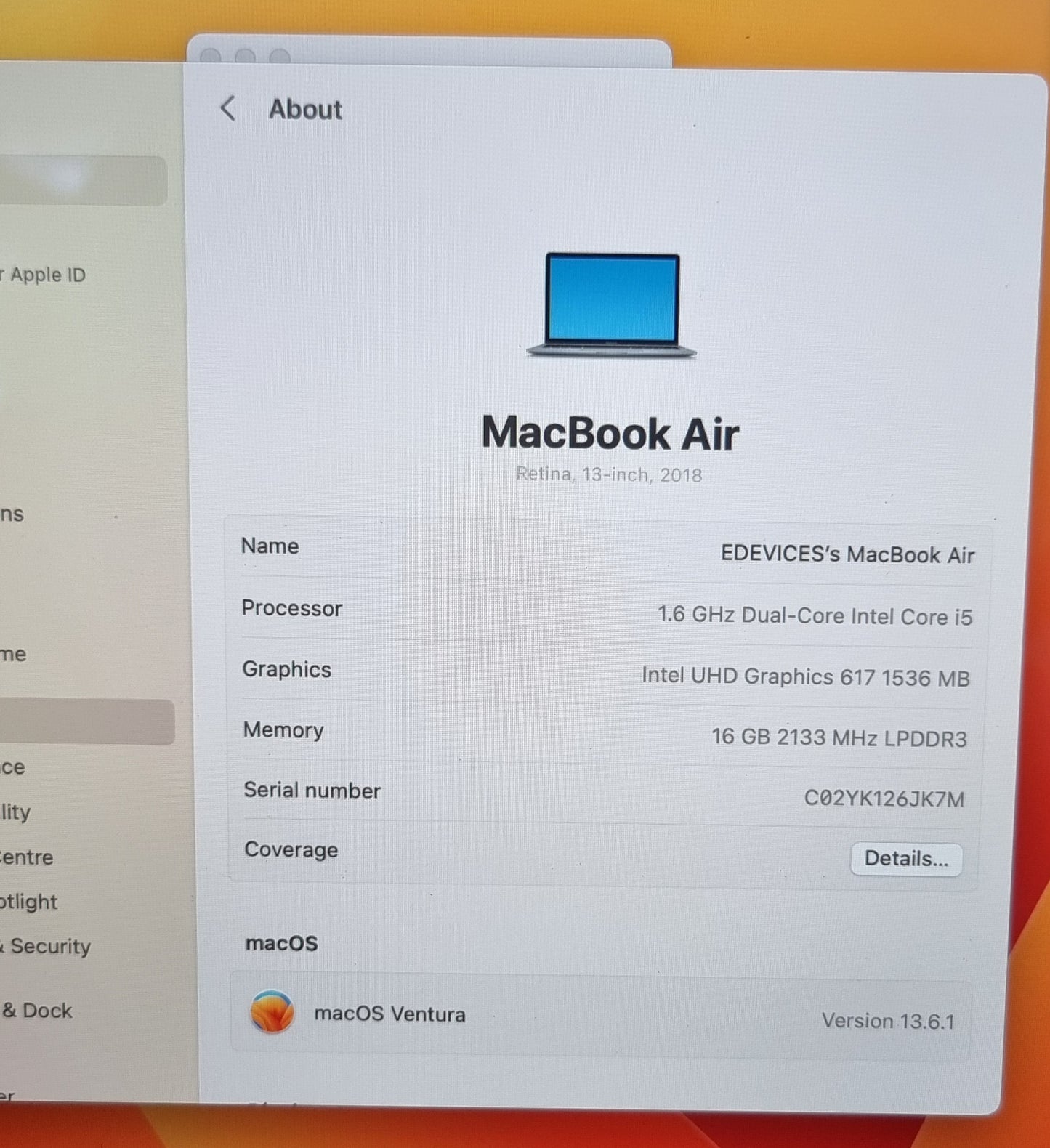APPLE MACBOOK AIR 13 INCH INTEL CORE i5 1.6GHZ 16GB RAM 500GB SSD 2018/19