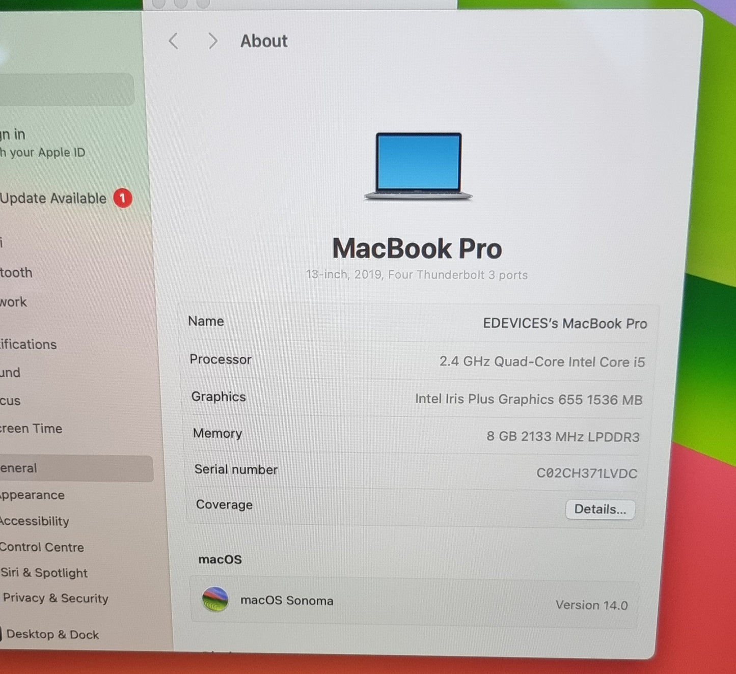APPLE MACBOOK PRO 13 RETINA TOUCH ID  2.4GHZ i5 8GB RAM 256GB SSD 2019