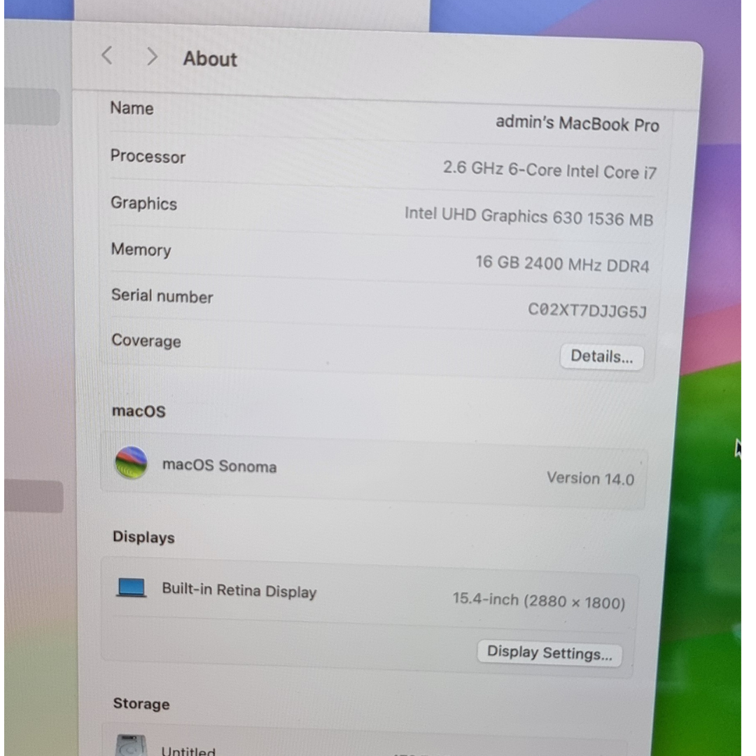 APPLE MACBOOK PRO RETINA 15 INTEL CORE i7 2.6GHZ 16GB RAM 500GB SSD WIFI 2018