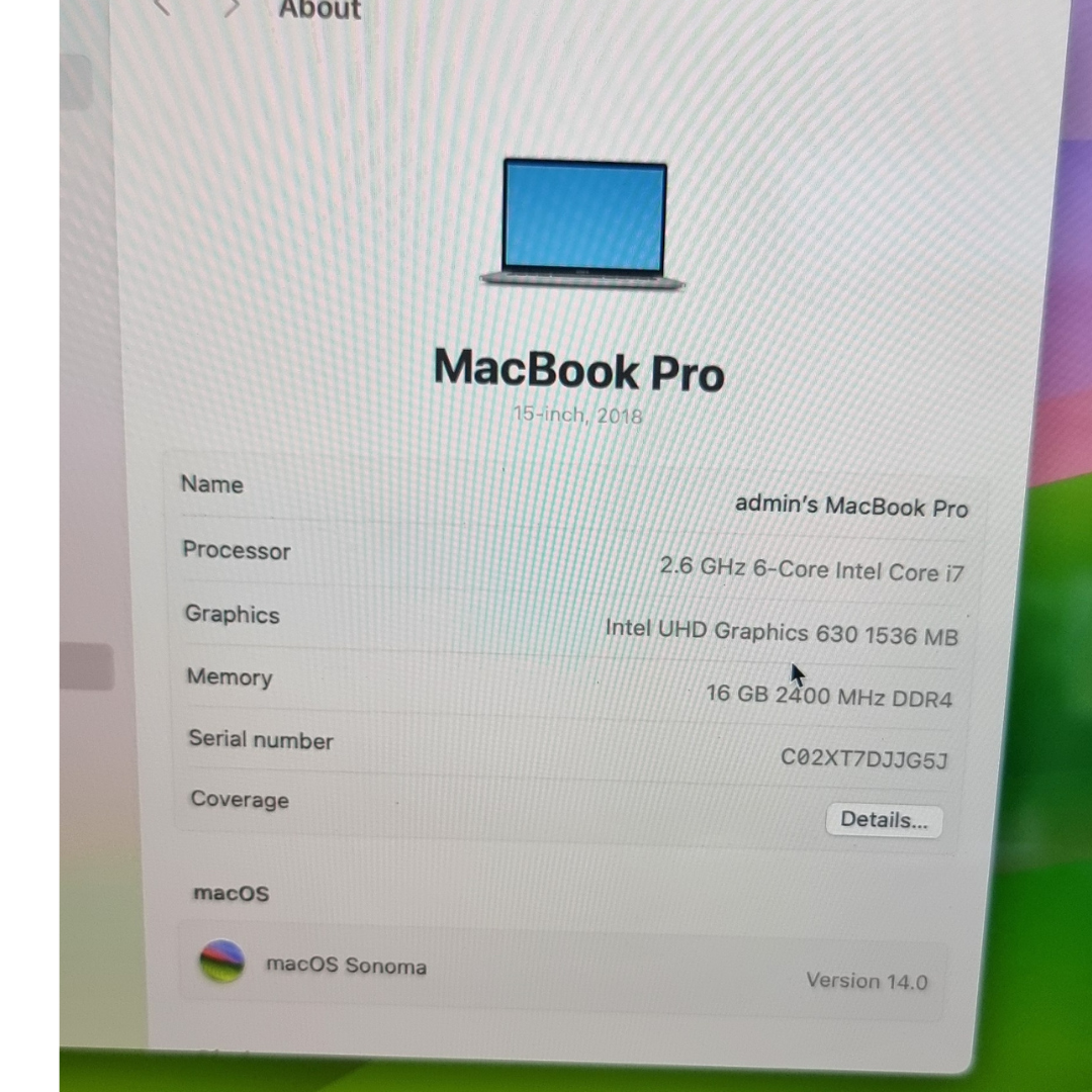 APPLE MACBOOK PRO RETINA 15 INTEL CORE i7 2.6GHZ 16GB RAM 500GB SSD WIFI 2018
