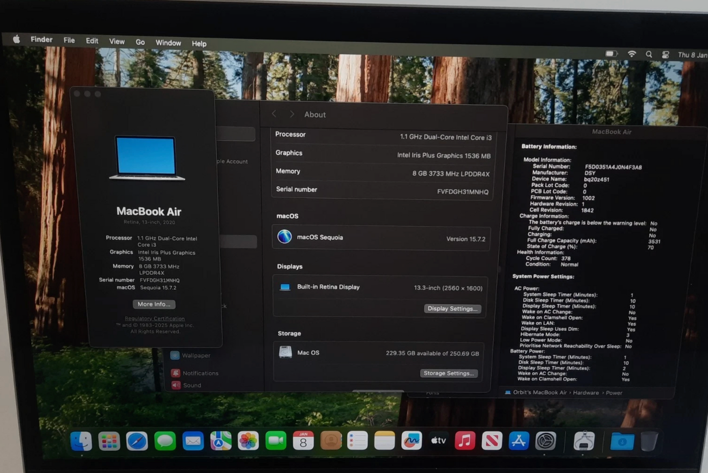Apple MacBook Air A2179 Intel i3-1000NG4 8GB 256GB NVME SSD 2020/21